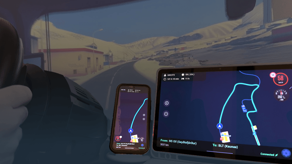TruckSim GPS running on a phone and tablet next to Euro Truck Simulator 2